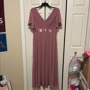 Amazon Pink Midi Sundress with V-Neck Flutter Sleeves for Wedding Guest